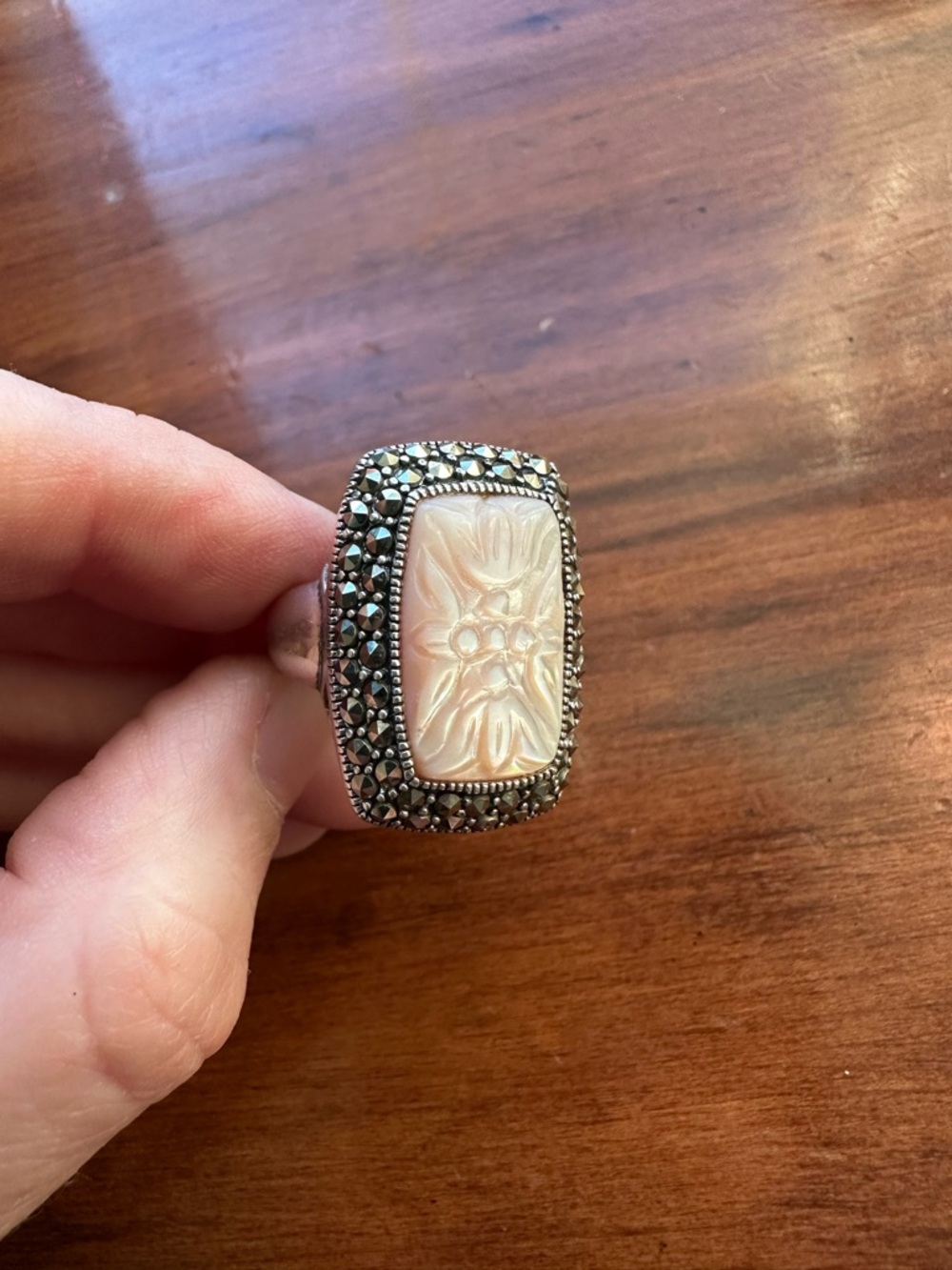 Vintage Carved Mother of Pearl and Marcasite Ring Size 6